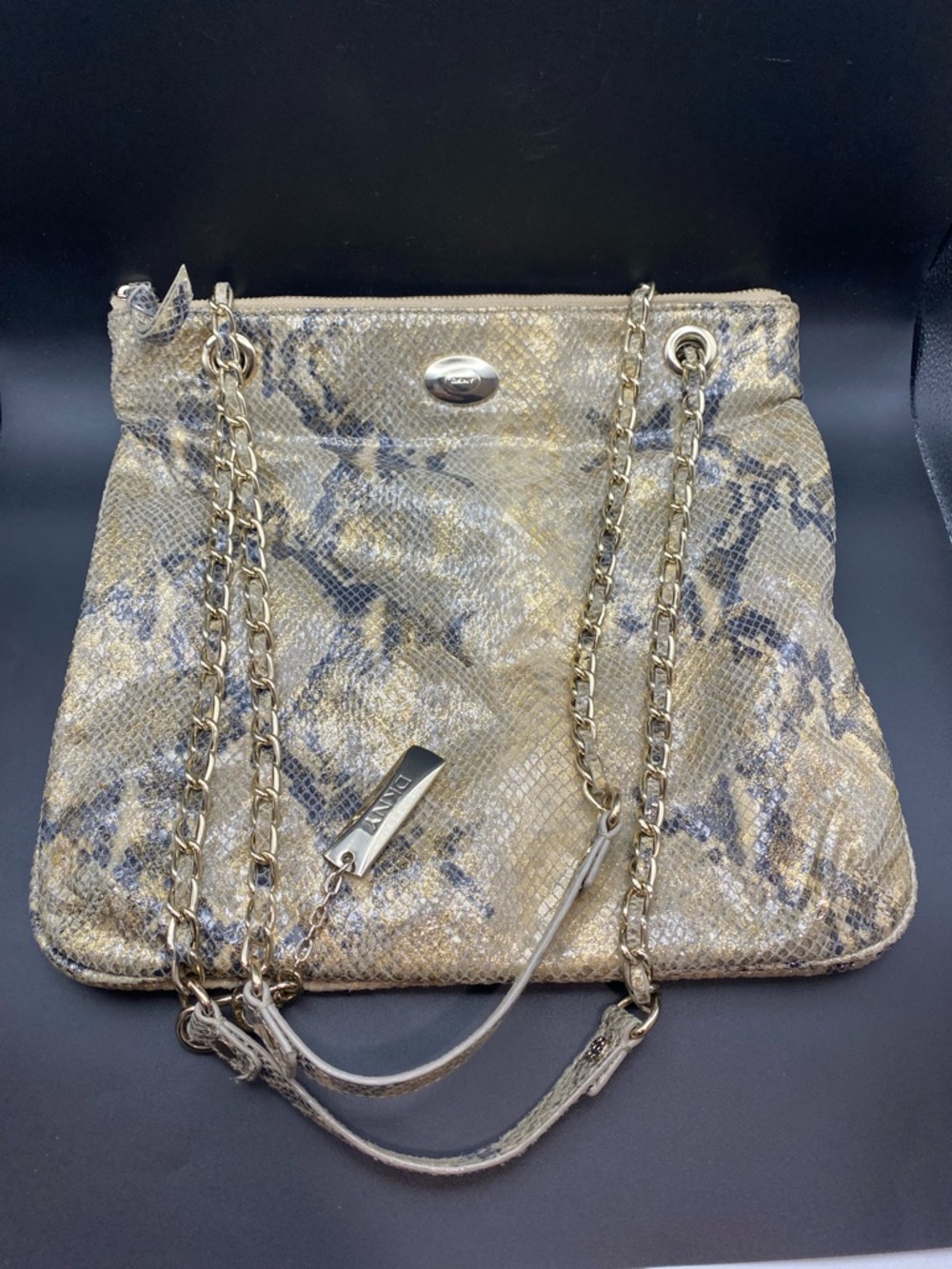 DKNY Gold Metallic Snakeskin-Pattern Shoulder Handbag Purse